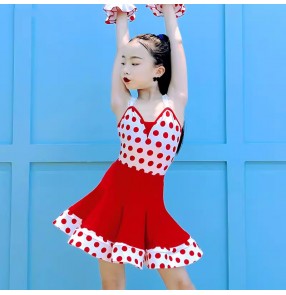 Girls kids black red polka dot latin ballroom dance dresses for children salsa rumba chacha dance costumes for children